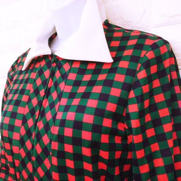 Vintage 60s Anjac Jack Needleman Checked Dress -M(8) Zip-Front Collar Red Teal - Picture 6 of 10